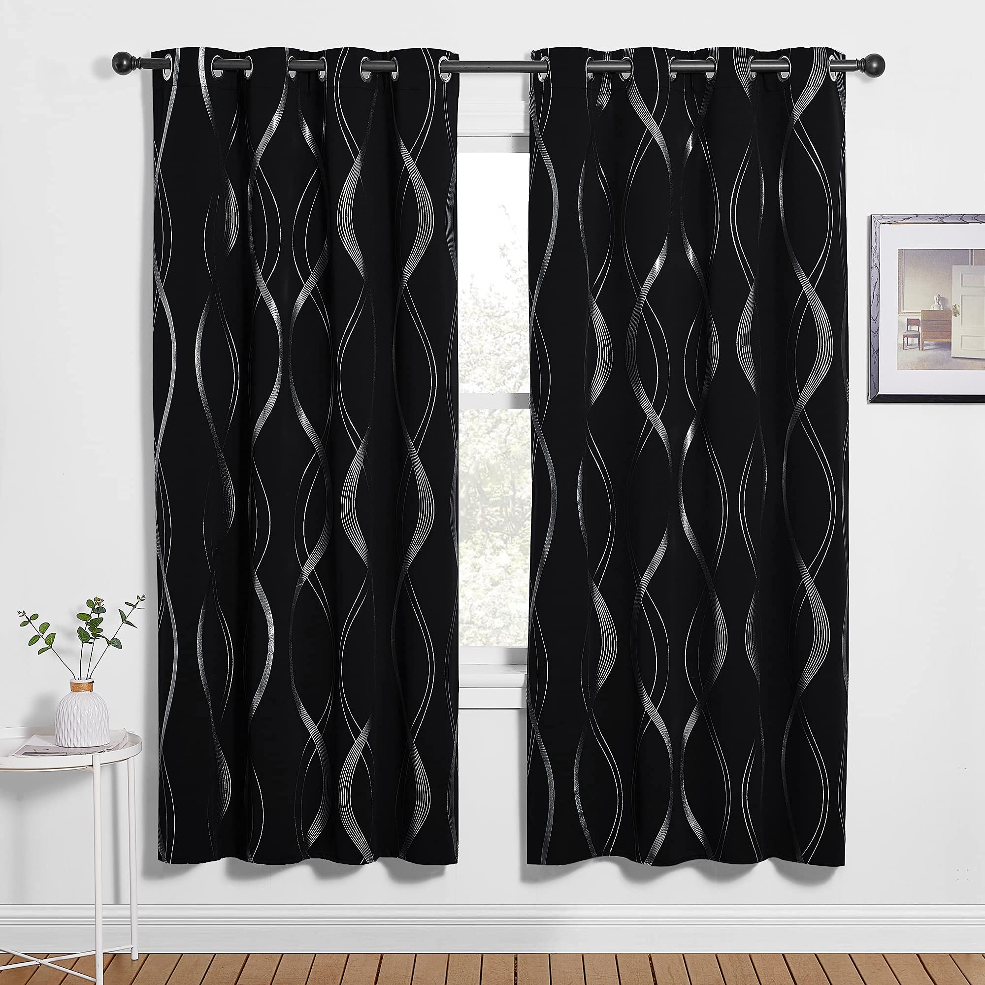 PONY DANCE Blackout Curtains for Living Room - Silver Wave Line Foil Printed Eyelet Blackout Curtains Thermal Soundproof Curtains & Drapes, 46 Inch Wide by 72 Inch Drop, Black, 2 Panels