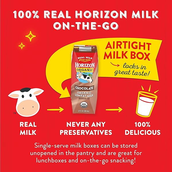 HORIZON ORGANIC SHELF STABLE 1% LOWFAT CHOCOLATE MILK BOXES, 8 FL OZ, 18 COUNT – 8G PROTEIN PER SERVING, USDA ORGANIC UHT FROM PASTURE-RAISED COWS, READY TO DRINK FOR LUNCHBOX, TRAVEL, OR ON-THE-GO, NO REFRIGERATION NEEDED