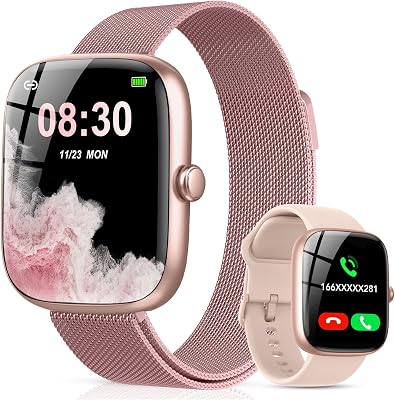 Smartwatch Damen mit 2 Armbänder, 1.83" HD Smart Watch mit Bluetooth-Anruf, IP68 Fitnessuhr Damen mit SpO2, Pulsmesser, Schlafmonitor, Stressüberwachung, Schrittzähler, 120+ Sportmodi