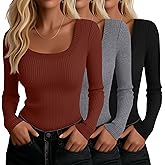 Ficerd 3 Pack Women Long Sleeve Ribbed Tops Scoop Neck T-Shirts Thermal Undershirts Casual Slim Fitted Basic Layer Tees