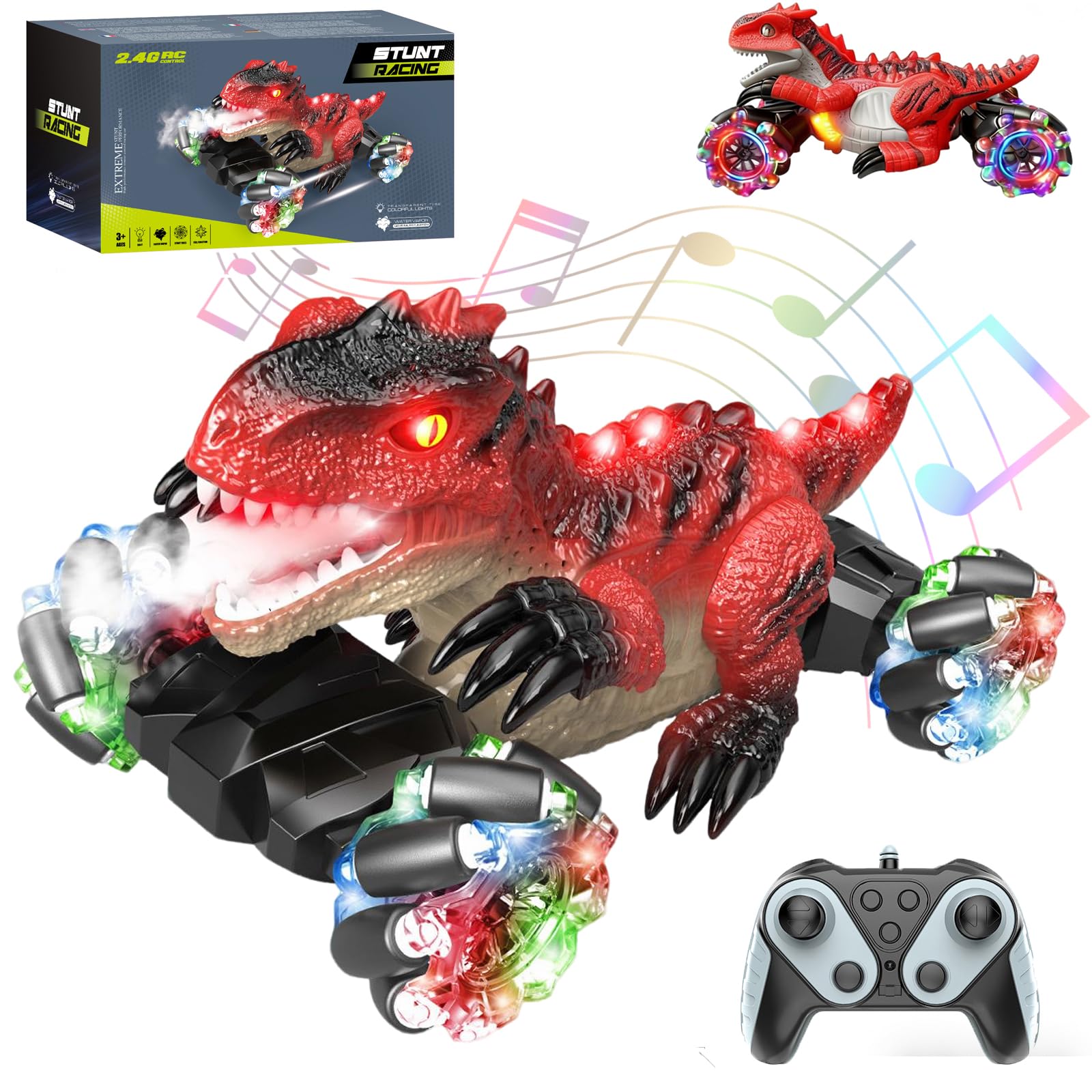 laughaha Dinosaur Remote Control Car, Rechargeable RC Cars Toys with Cool Lights Music, Dinosaur Stunt Twist Car, 360° Rotating 4WD Off-Road Race Cars for 4-12 Boy Kids Birthday Xmas Gifts (Red) — image 1