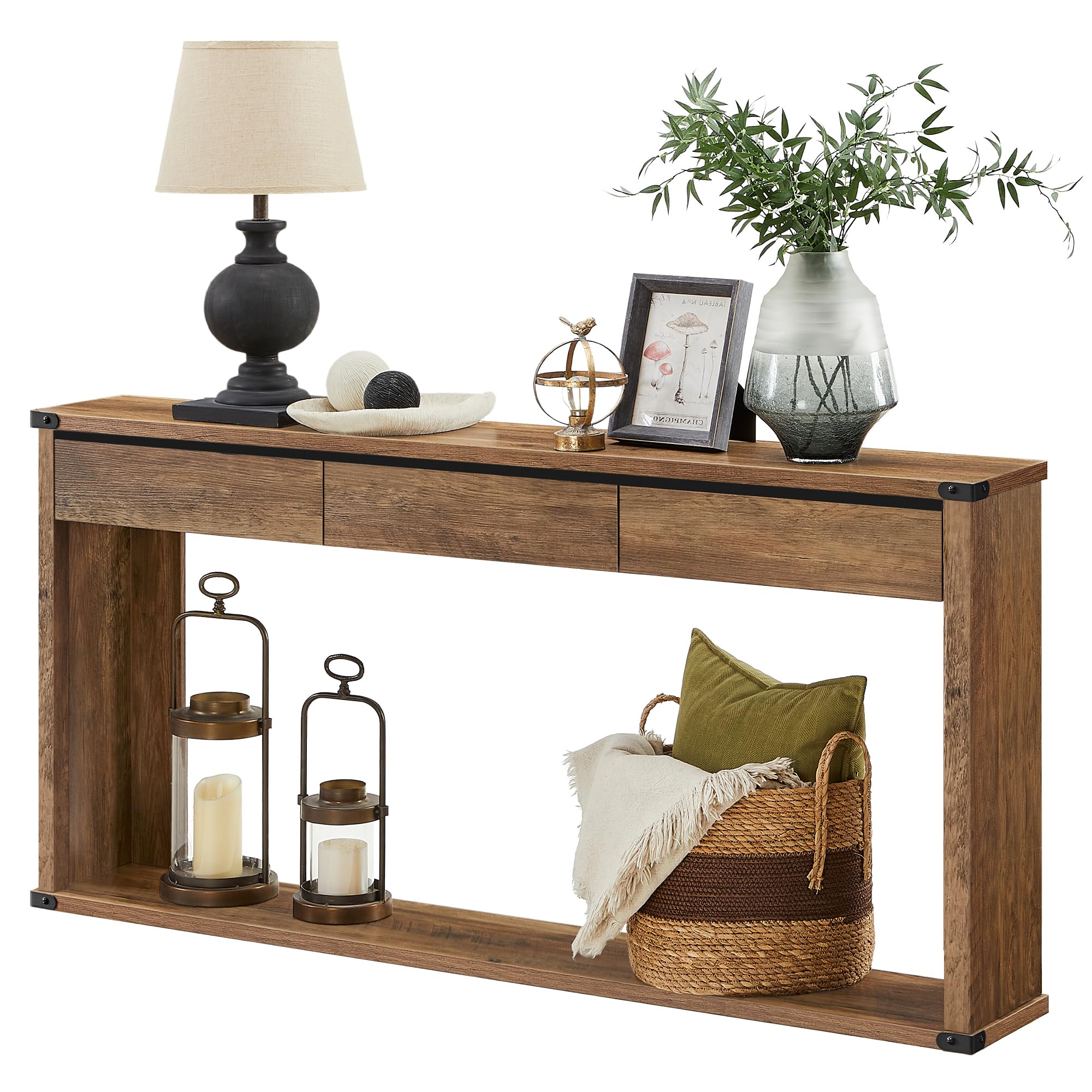 Photo 1 of ***(MISSING PARTS-UNKNOWN -SELLING AS IS)*** VASAGLE Sofa Console Table, 63 Inches Narrow Entryway Table with 3 Drawers, Bottom Shelf, Metal Corners, for Living Room, Bedroom, Farmhouse Style, Honey Brown