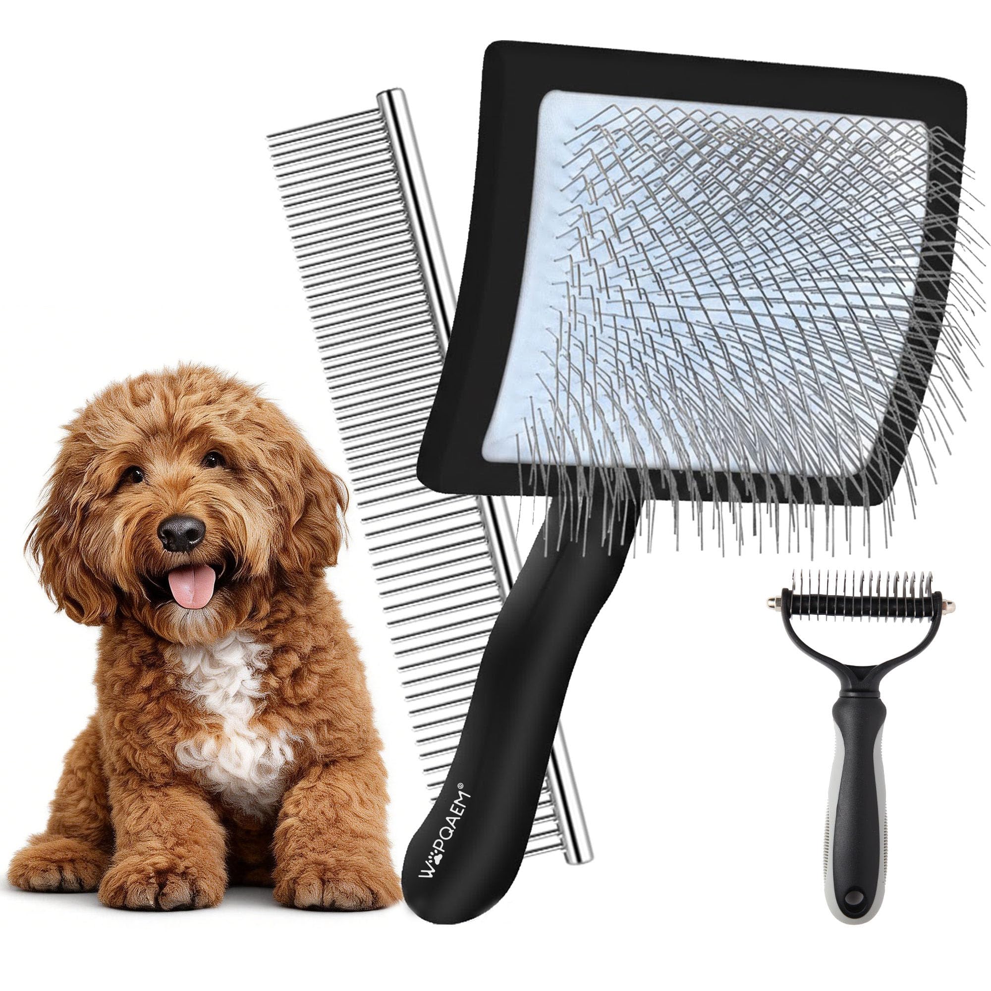 WOPQAEM Slicker Brush for Dogs, Large Long Pin Dog Brush for Cockapoo Cavapoo Doodles Poodles Goldendoodle Labradoodle, 2 PCS Large Pet Comb and Grooming Brush, Wood Handle - Black — image 1