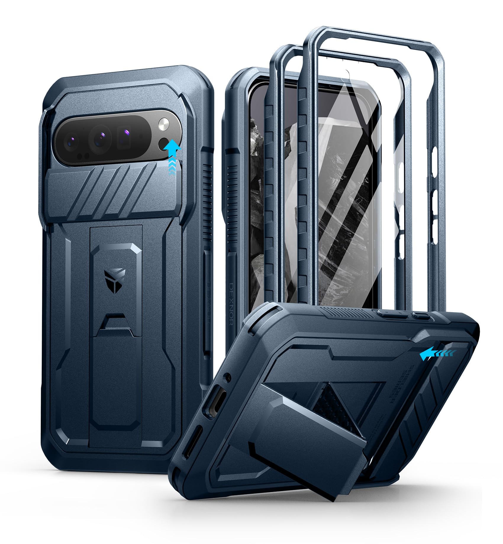 Dexnor for Google Pixel 9 Pro XL Case with Built-in Slide Camera Cover & Screen Protector & Kickstand, Heavy-Duty Shockproof Rugged Case Full-Body Bumper Protective Cover - Navy Blue