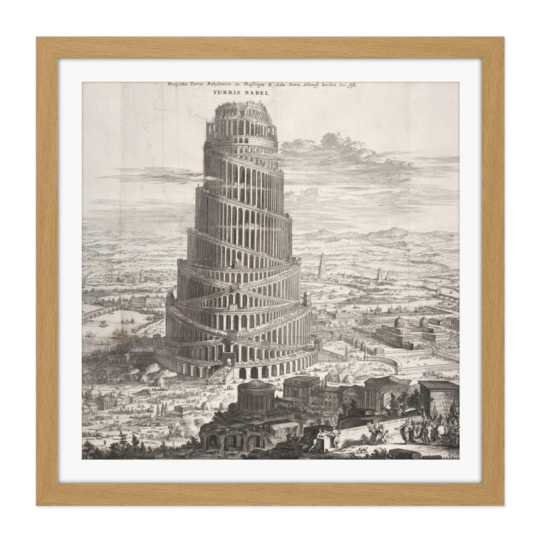 Kircher Tower Babel Biblical Myth Engraving Square Wooden Framed Wall Art Print Picture 16X16 Inch