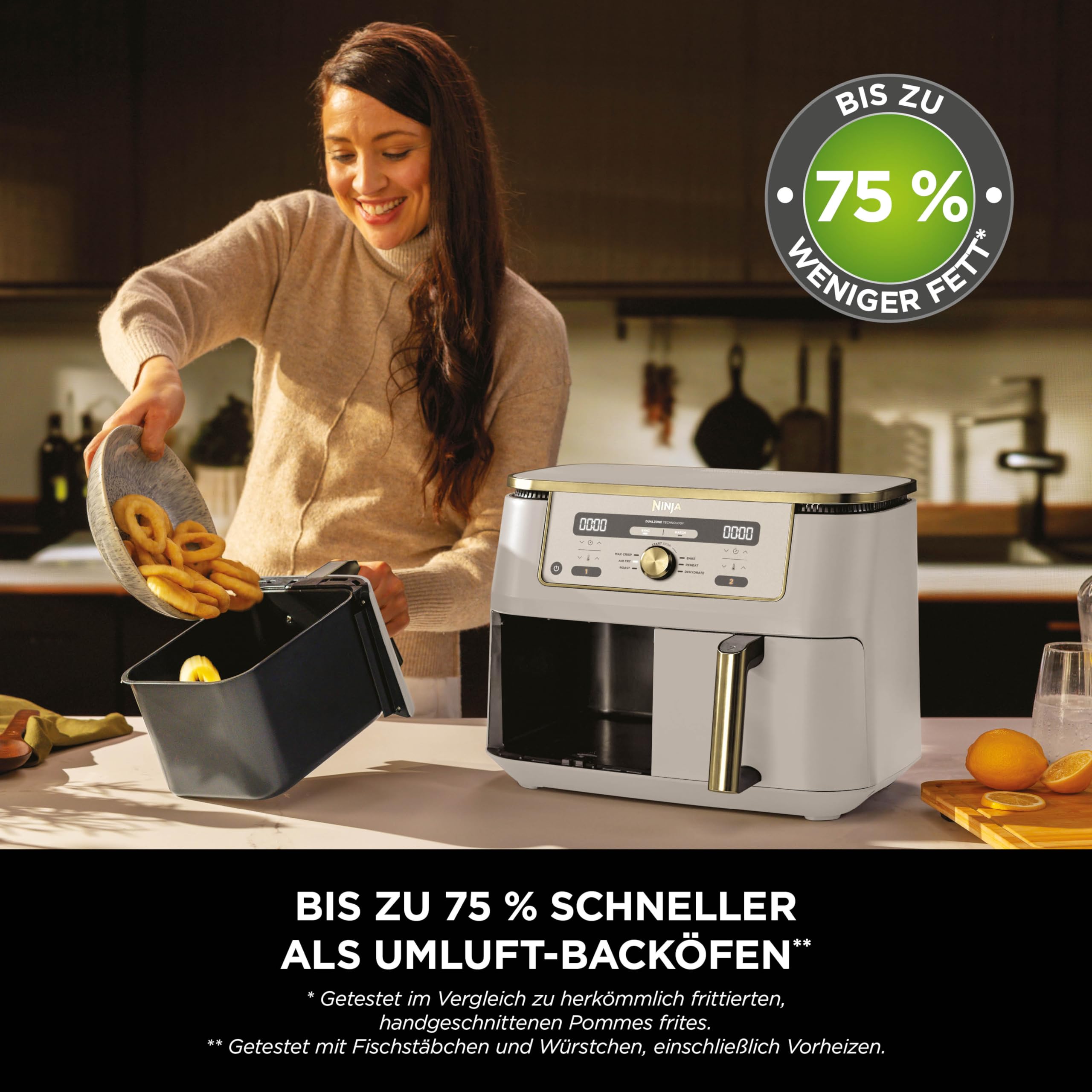 Ninja Dual Zone Digital Air Fryer, 2 Schubladen, 6-in-1, Heißluftfritteuse, 9,5L, Heißluft-Frittieren, Max Crisp, Rösten, Backen, Aufwärmen, Spülmaschinenfeste Körbe, Stone/Gold DZ400EUSTGD