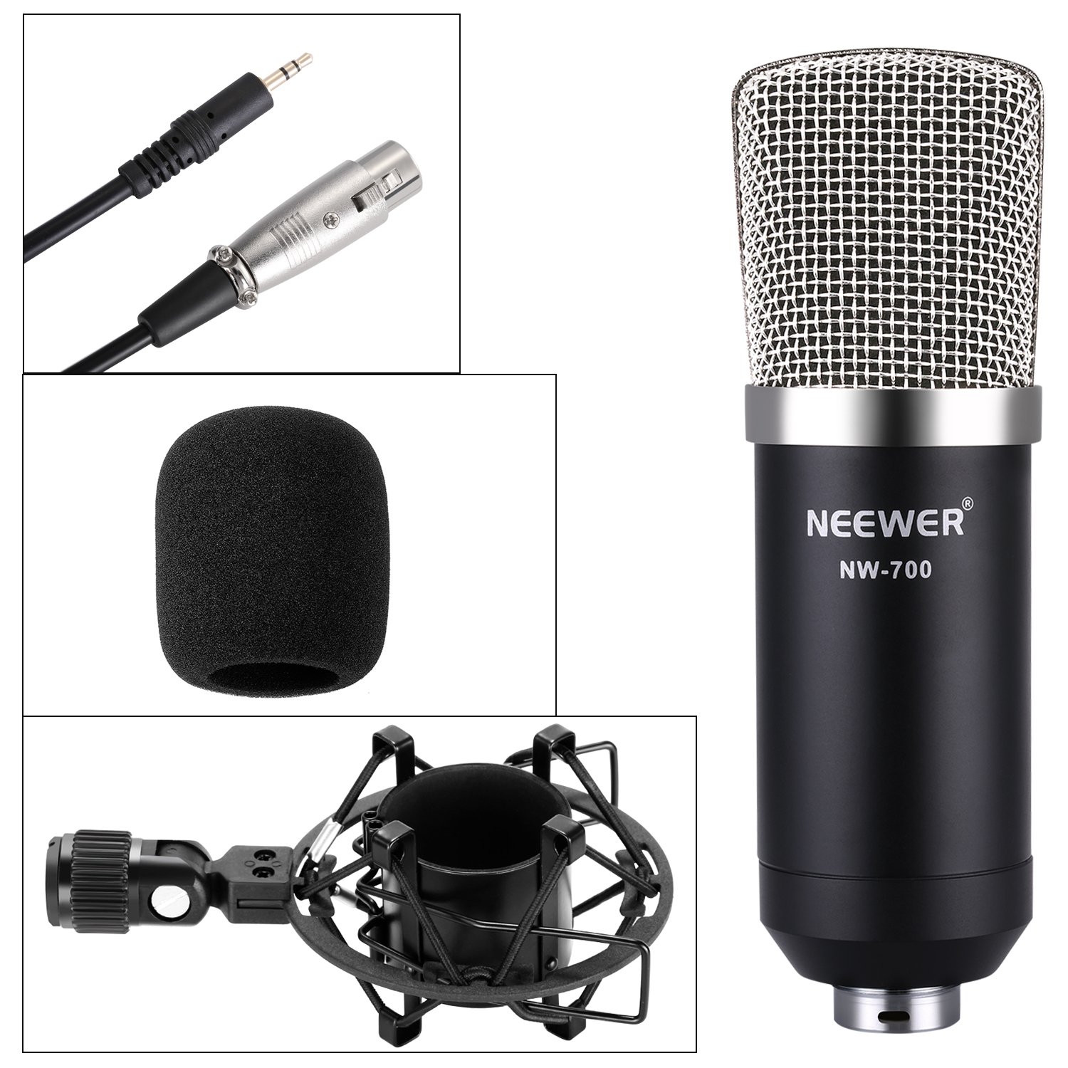 Neewer NW-700 Condenser Microphone Kit - Black Mic, Black 48V Phantom Power Supply,NW-35 Boom Scissor Arm Stand with Shock Mount and Pop Filter,XLR Male to Female Cable for Home Studio Recording