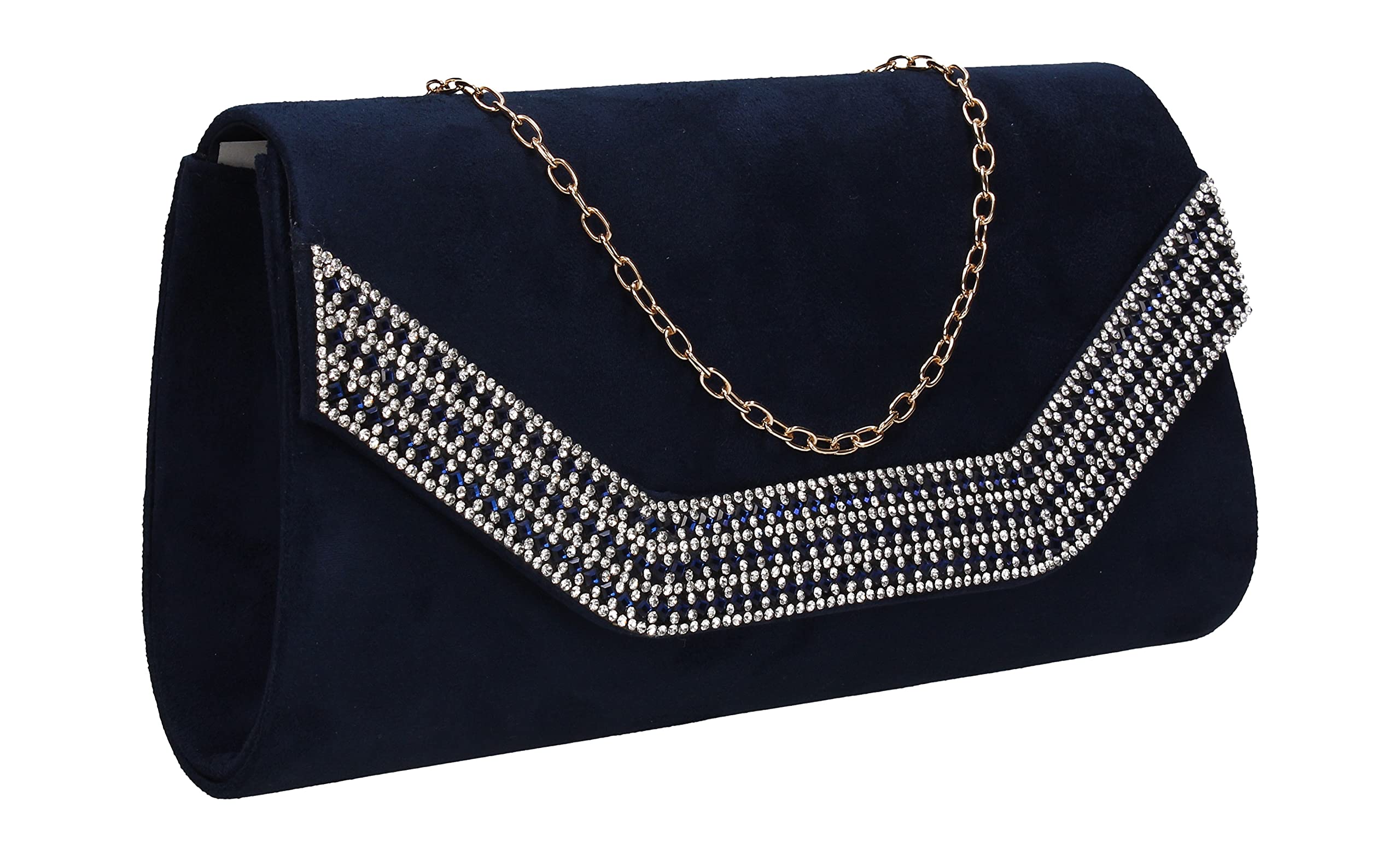 SwankySwans Harper Diamante Faux Suede Womens Ladies Clutch Bag Navy Blue