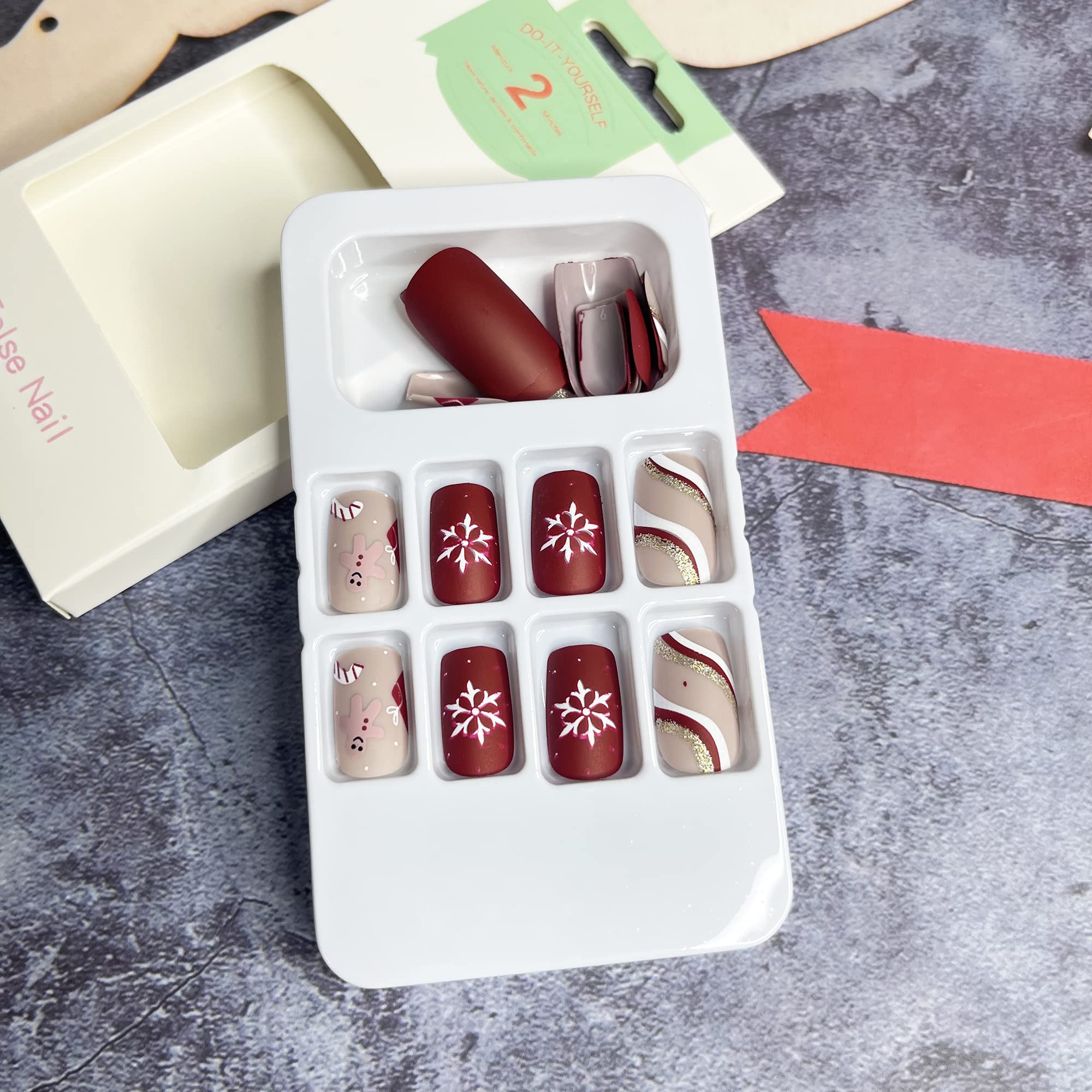 Christmas Press on Nails Short Red Square Fake Nails Winter Snowflake Acrylic False Nails with Design Swirl Matte Full Cover Artificial Glue on Nails Winter Nail Decorations for Women Girls - Image 6