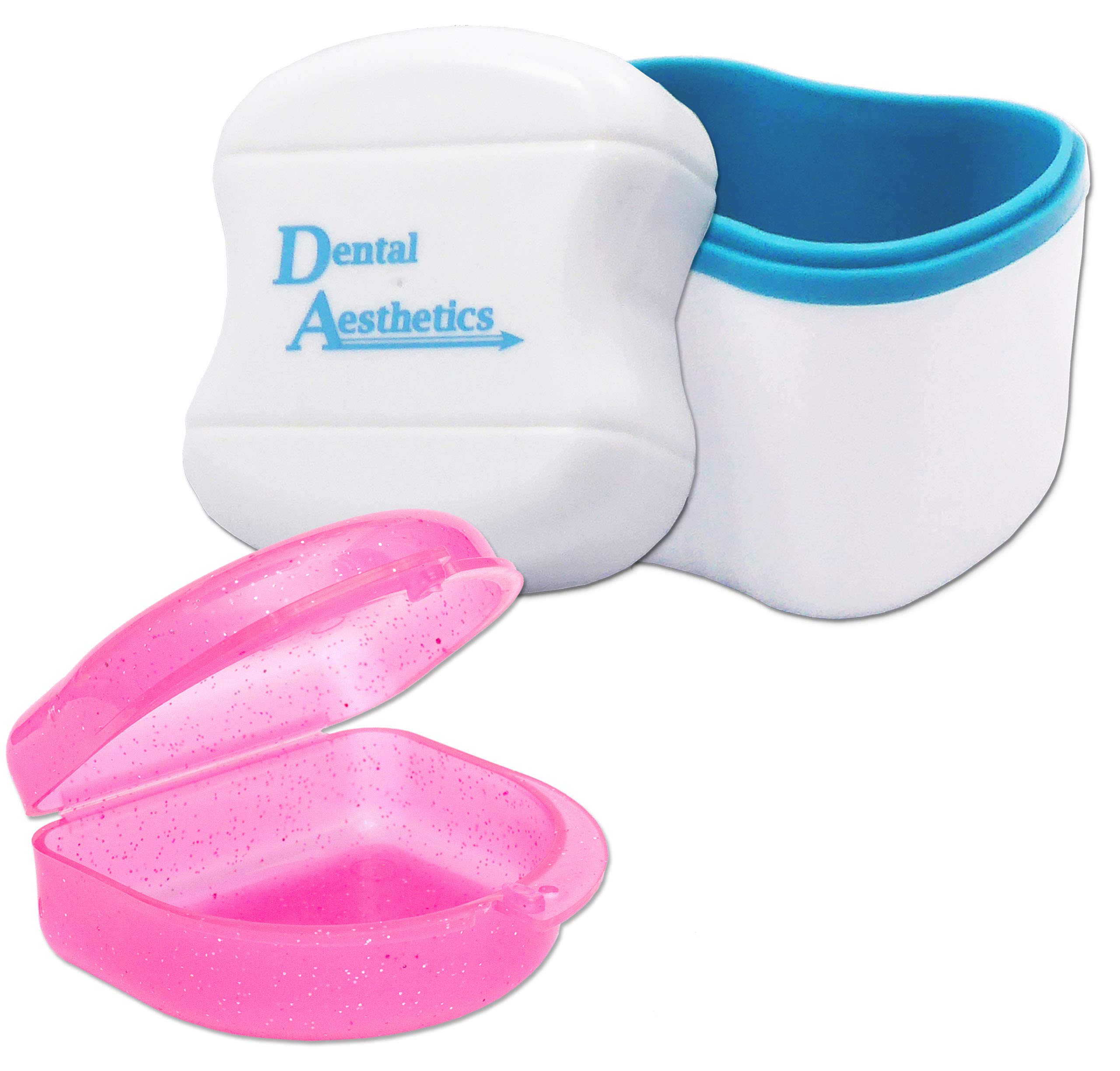 Dental Bath and Retainer Case ~ Storage Case and Container for Soaking Ortho Retainers, Sports Dental Appliances, Dentures & More (Glitter Pink Case)