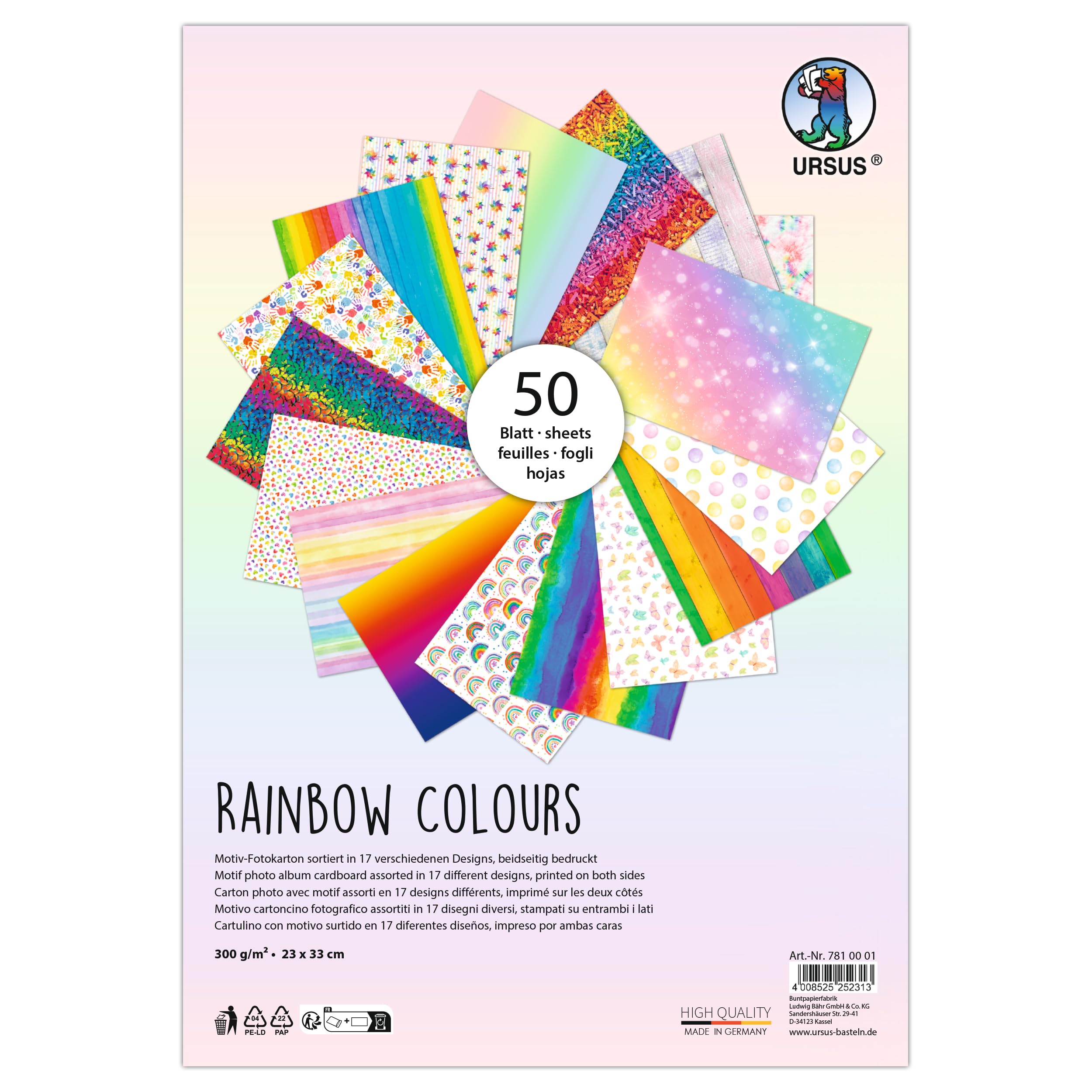 Ursus 7810001 Photo Card Rainbow Colours 50 Sheets Approx. 23 x 33 cm 300 g/m² Printed on Both Sides with 17 Different Designs Made of Fresh Cellulose for Versatile Crafts