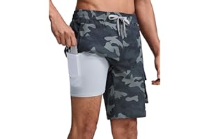 MaaMgic Mens Swim Trunks 9 inch Compression Liner 2 in 1 Cargo Shorts Quick Dry Bathing Suit with Pockets
