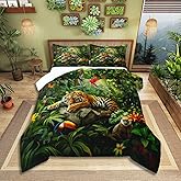3D Tiger Comforter Set Queen Size,Monkey Parrot Wild Animals Bedding Set,Tropical Palm Tree Jungle Quilt Set for Kids Boys Girls Adult Bedroom Decor,Nature Wildlife Theme Duvet Insert,2 Pillowcases