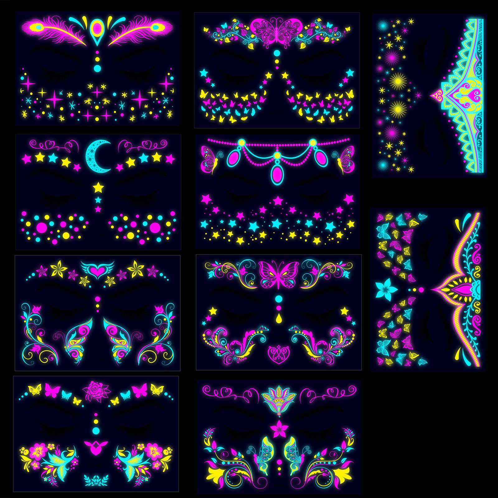 Eowppue 10 Pcs Face Tattoo - Glow in The Dark Tattoos, Temporary Face Stickers, Rave Accessories, Festival Accessories, Halloween face Tattoo （Exotic Princess Mask）