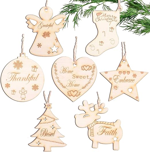 Amazon Com Wooden Rustic Christmas Ornament Set Of 7 With Laser Cut Thankful Grateful Blessed Xmas Tree Hanging Decor Farmhouse Christmas Wood Pendant For Home Kitchen Dining