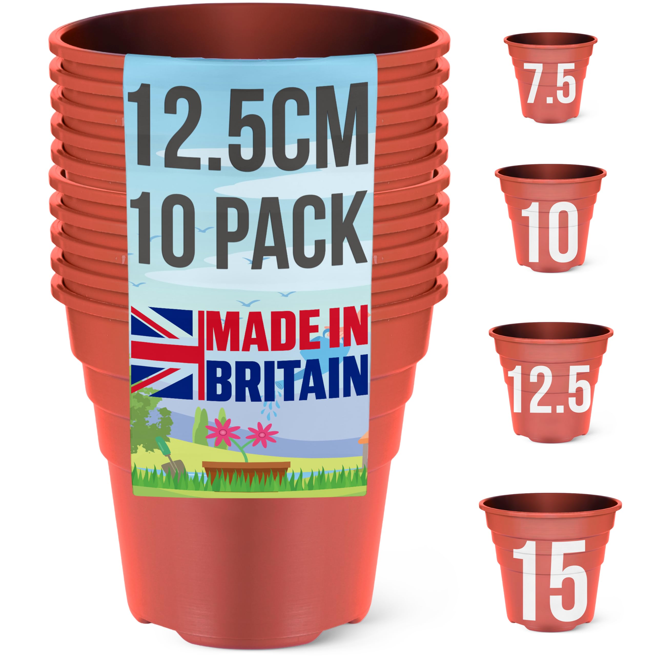 Happy Pots - 12.5cm Gloss Terracotta - Pack of 10 Premium Plastic Plant Pots - Reusable Flower Pots for Indoor/Outdoor Home Décor Gardening - Round, Heavy Duty, UV Resistant, Recyclable - Made in UK
