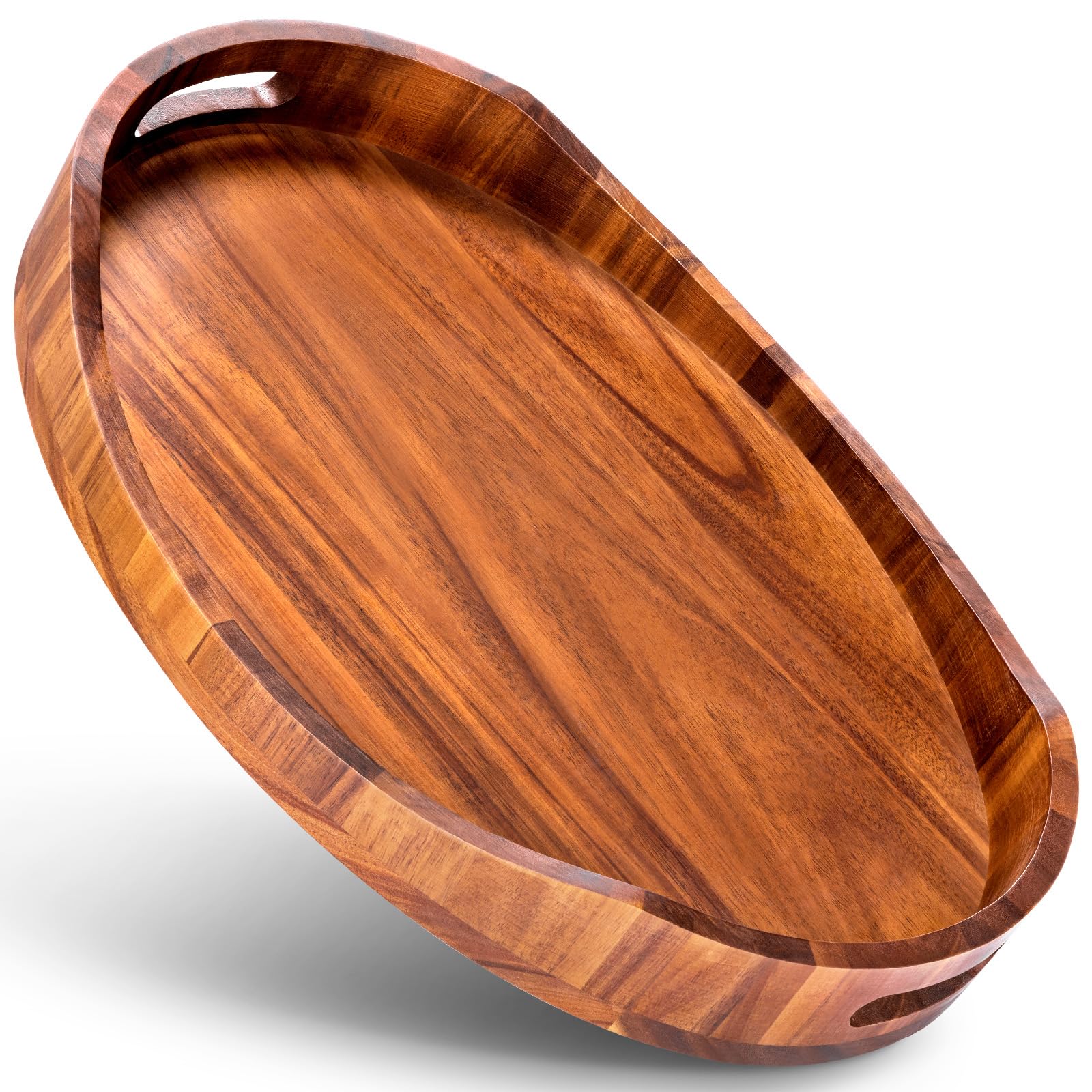Photo 1 of **HAS CRACK ON SIDE**HouseJoy Acacia Wood Serving Tray with Handles, Decorative Ottoman Tray Platter for Breakfast in Bed, Living Room, Coffee Table, Lunch, Dinner, Bathroom, Candle Display,16.5"x13"