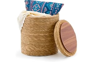 Wimarsbon Storage Pouf Ottoman, Hand Weaving Natural Straw Foot Stool, Bohemian Round Patio Ottomans, Rustic Lounge Pouffe, Outdoor Extra Seat for Garden (14inch Natural Cattail L)