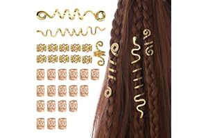 Kioiner 28 Pc Hair Accessories, Gold Alloy Jewelry - 25 Pc Braid Cuffs, 3 Pc Spiral Clips for Men's Beard, Women's & Girls' B