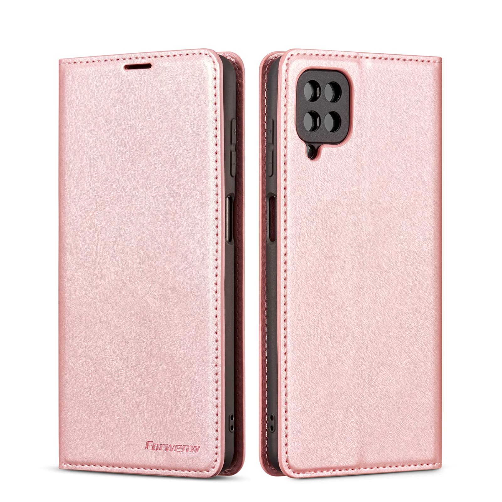 QLTYPRI Case for Samsung Galaxy A12 5G, Premium PU Leather Cover TPU Bumper with Card Holder Kickstand Hidden Magnetic Adsorption Flip Wallet Case Cover for Samsung Galaxy A12 5G - Rose Gold