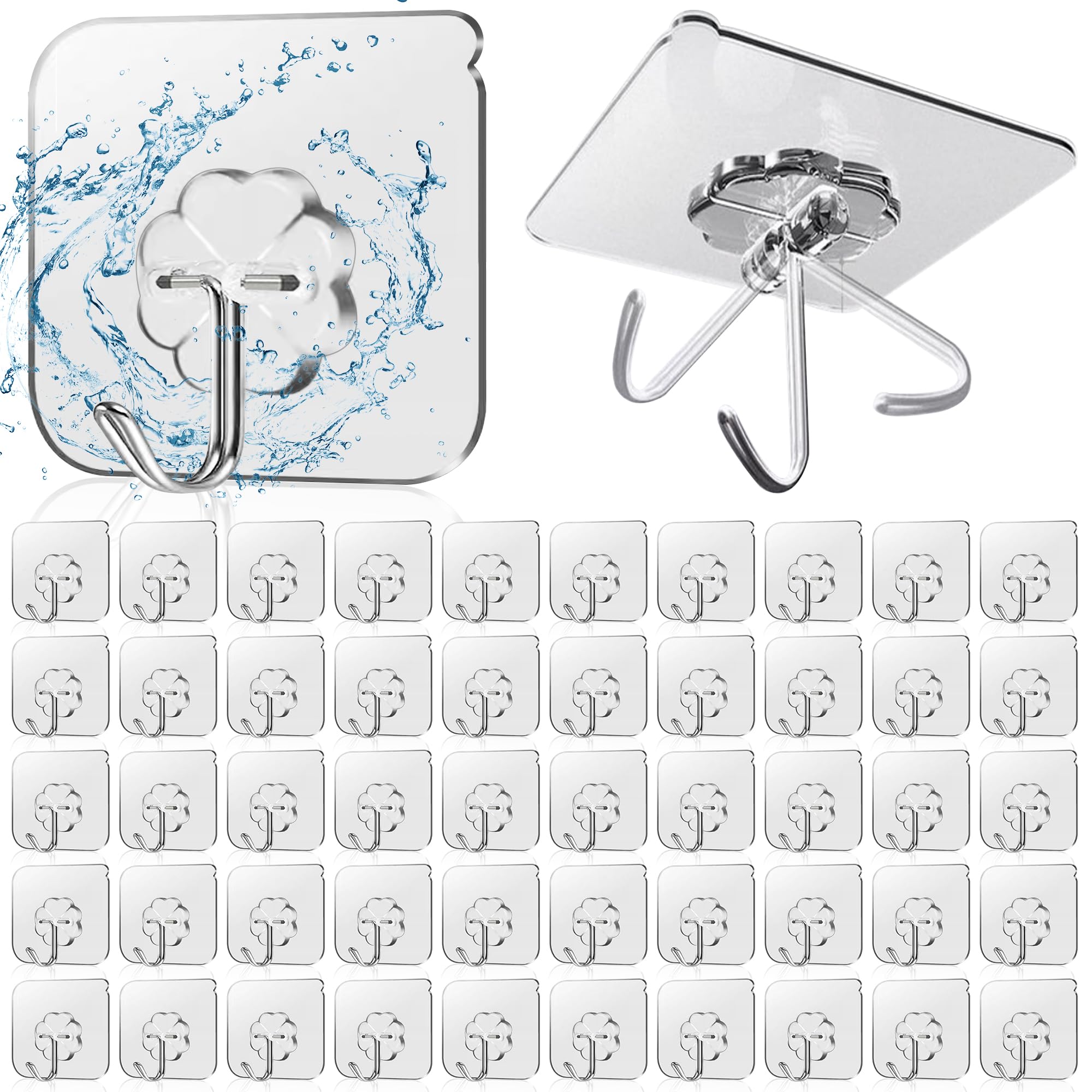 Lahedomege 50 Pack Sticky Hooks for Hanging Heavy Duty, Wall Hook Adhesive, Transparent self Adhesive Hooks for Wall, Kitchen, Bathroom & Ceiling