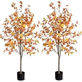 Daifunli 2 Pcs 5Ft Fall Tree Autumn Artificial Eucalyptus Trees Decor | Fall Eucalyptus Faux Plants, Realistic Silk Leaves Texture Trunk, Fall Decor Office Indoor Outdoor, Planter Thanksgiving Gift