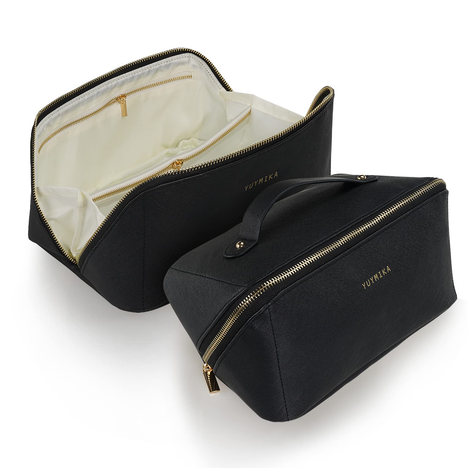 Make Up Bag [1 Pack], YUYMIKA Cosmetic Bag Large Capacity with Waterproof Storage Bag, PU Makeup Bag with Portable Handle Gifts for Women/Girlfriend/Mother/Daughter (Plain Black)