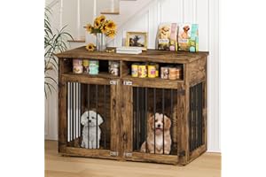 REVOMINCA Dog Crate Furniture for 2 Dogs, 41 inch Dog Kennel Furniture with Removable Divider and Shelf Storage, Wooden Indoor Dog Crate for Large/Medium/Small Dogs, Rustic Brown, Farmhouse