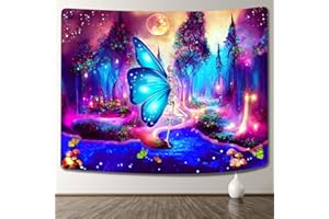 KJHL Blacklight Forest Skull Tapestry UV Butterfly Skeleton Tapestry for Bedroom Aesthetic Neon Tapestries Glow in The Dark Decor Black Light Tapestry Wall Hanging for Livingroom 51ʺ x 59ʺ