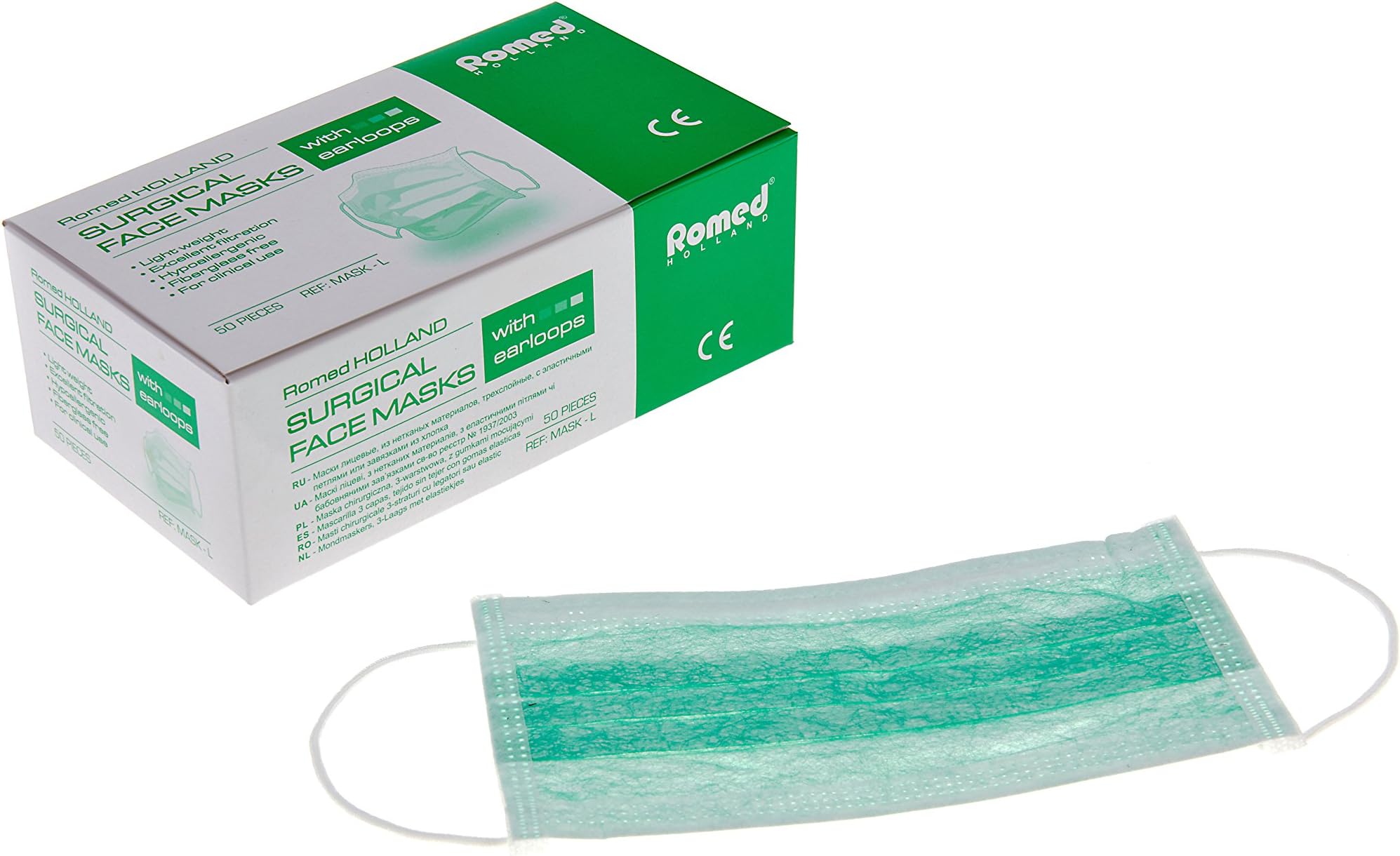 Romed Face Masks 3-Ply with Elastic Loop Pack of 50 Green