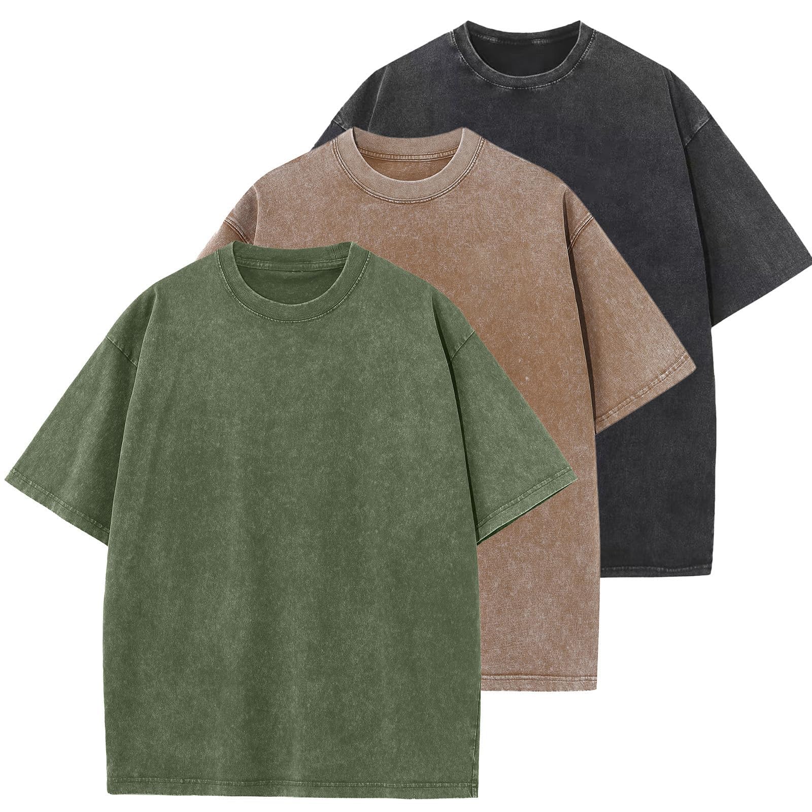 Photo 1 of 3 Pcs Oversized Heavy Cotton Summer T-Shirts Vintage Unisex Short Sleeves Casual Loose Basic Tops(Black+Coffee+ArmyGreen 2XL)
