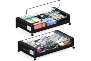 LESHZHEN Under Bed Storage with Wheels, 2 Pack Under Bed Storage Containers with Dividers & Clear Lids, XXL 65L Under the bed storage Organizer Bins, Underbed Storage with Wheels for Clothes (Black, 2 Pack)