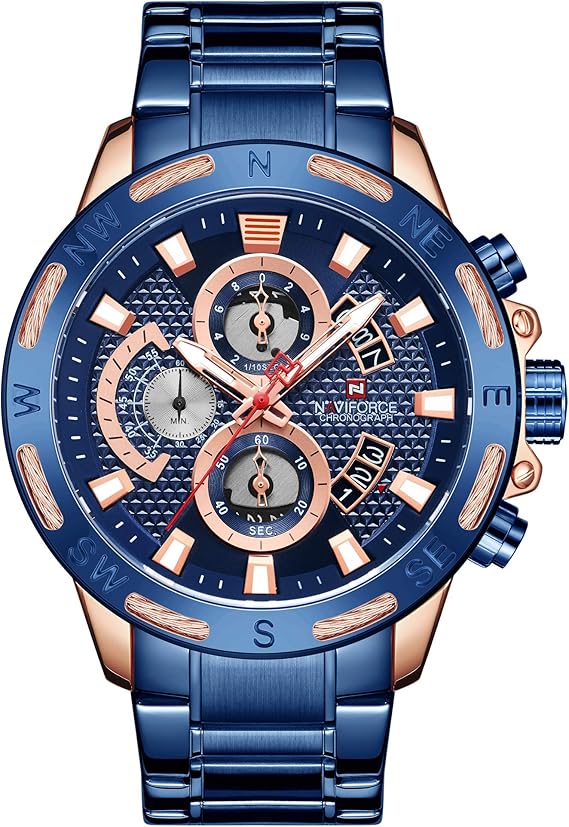 Amazon Naviforce高級ブランドメンズスポーツ時計ゴールドフルスチールクォーツ時計男性日付週防水軍事時計レロジオmasculino Blue メンズ腕時計 腕時計 通販