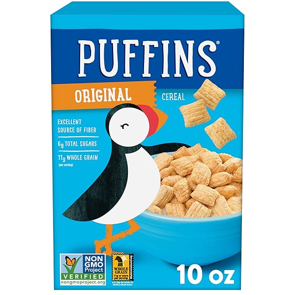 ORIGINAL PUFFINS CEREAL, PUFFED KIDS CEREAL WITH CORN AND OATS, VEGAN, KOSHER, NON-GMO PROJECT VERIFIED, 10 OZ BOX