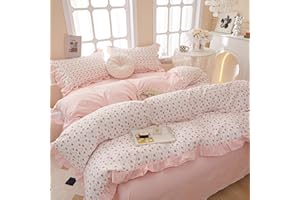 AMZTOP Princess Pink Ruffle Red Floral Twin 100% Cotton Duvet Cover, Teen Girls Vintage Comforter Cover with Zipper Closure, 3Pcs Romantic Floral Aesthetic Bedding Sets 68"x86"