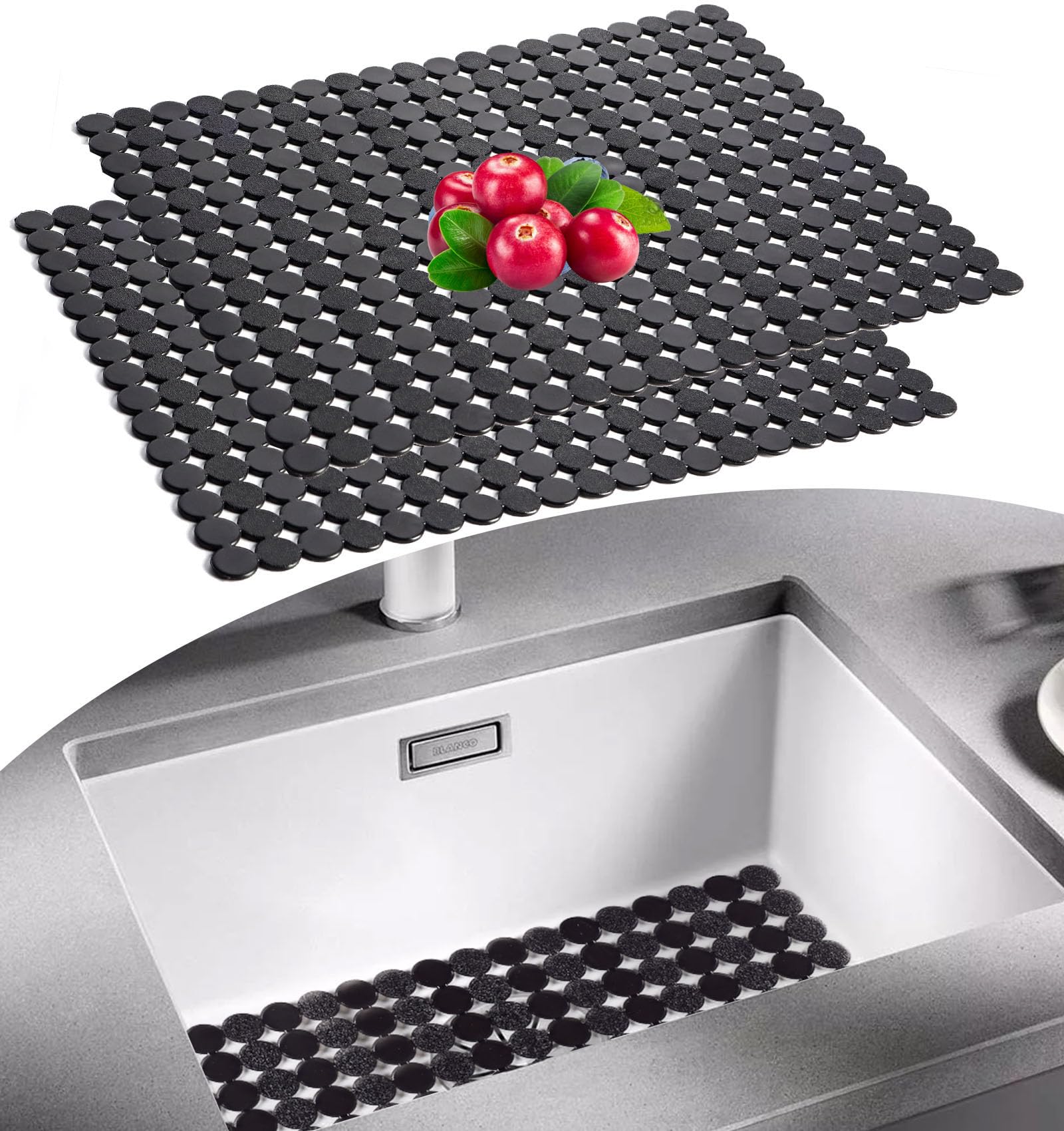Kitchen Sink Mat, 2 Pack Sink Mat Protector, Adjustable Sink Protector Mat for Kitchen Porcelain/Stainless Steel Sinks, 30 x 40cm Fast Draining Sink Mats for Bottom Kitchen Sink Countertop, Black