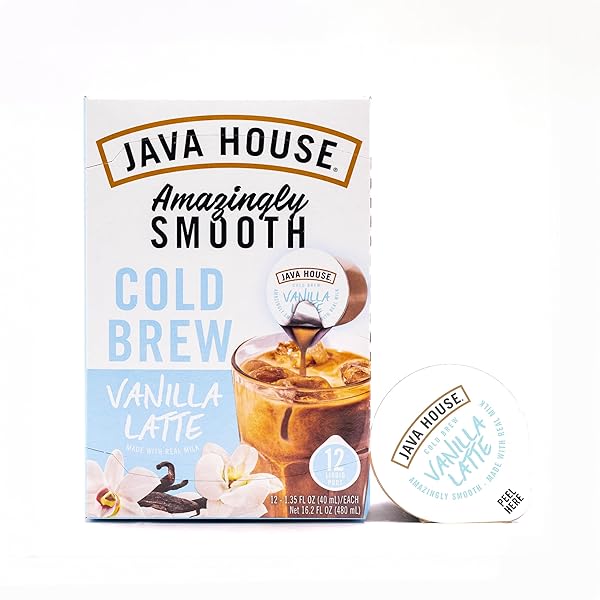 JAVA HOUSE FRENCH VANILLA LATTE COLD BREW COFFEE PODS, (12 COUNT) PEEL AND POUR PODS HOT OR ICED