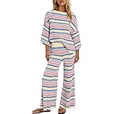 ReachMe Womens Oversized Striped 2 Piece Set Sweater and Wide Leg Pants with Pockets Pajama Lounge Sets Casual Outfits