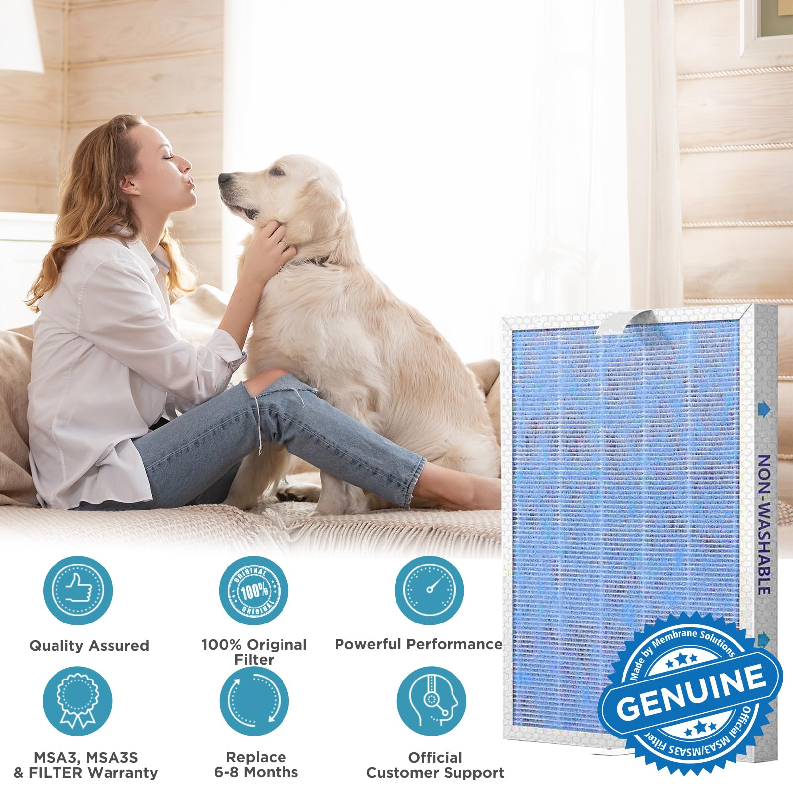 Genuine Membrane Solutions MSA3/MSA3S Original Air Purifier Filter Replacement, Upgraded 3-in-1 H13 True HEPA Filter with OdallerPure Technology, 4 Pack