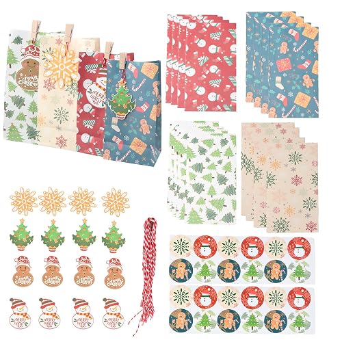 volumoon Gift Bags, 24 PCS Kraft Paper Gift Bags with Stickers, Small Kraft Paper Bags for Kids Party, Multi-Color Candy Treats Presents Bags for Celebrations, Wedding, Classrooms and Party Favors