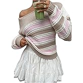 Floerns Women's Striped Long Sleeve Sweaters Boat Neck Fall Outfit Hollow Out Pullover Tops