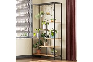 Joankaren Indoor Plant Stand 5 Tier, 70.9 Inches Tall – Large Metal & Wood Plant Shelf with 6 Hanging Hooks, Flower Display &