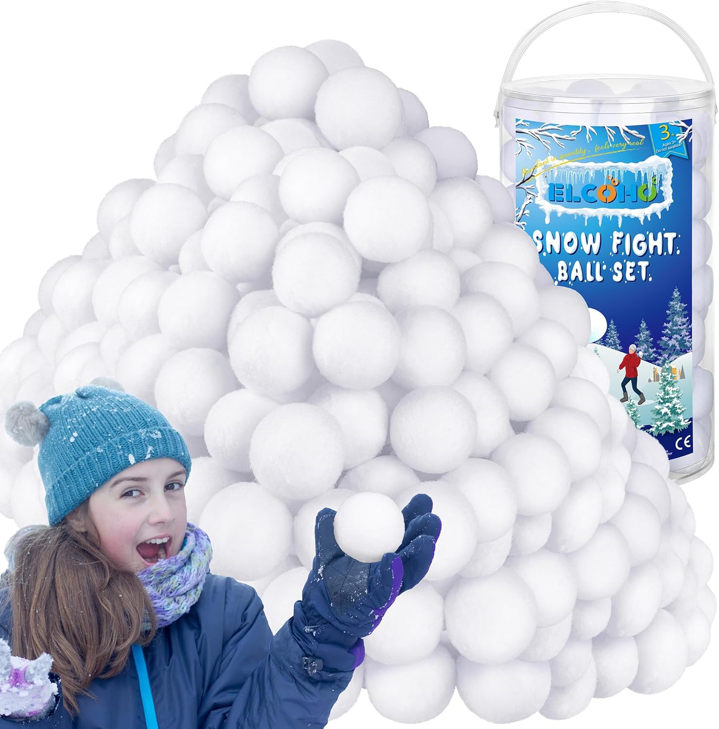 Artificial Snow - ELCOHO 200 Pieces 2 Inch Artificial Snow Toy Ball Set with Bucket for Storage Kids Snow Fight Ball Realistic Snow White Plush Toss Ball for Kids Toss Game Winter Snow Fight Indoor Outdoor Xmas Decor