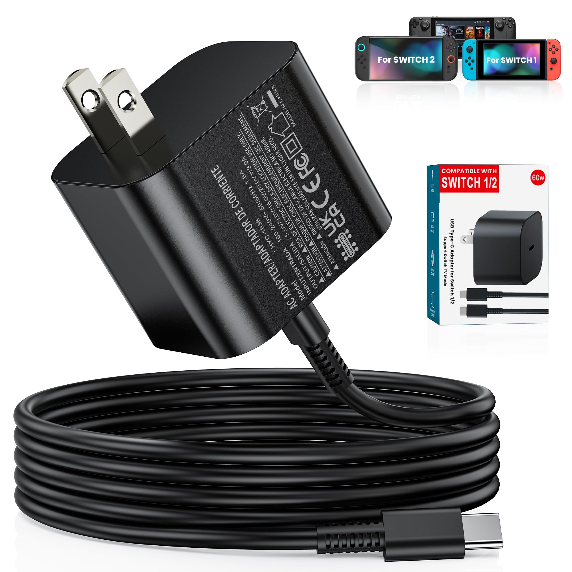 Switch 2 Charger - 60W Charger Compatible with Nintendo Switch 2/Switch/OLED/Lite/Steam Deck, Support TV Dock Mode, AC Adapter Power Supply 20V 3A Fast Charging with 5Ft USB C Cable