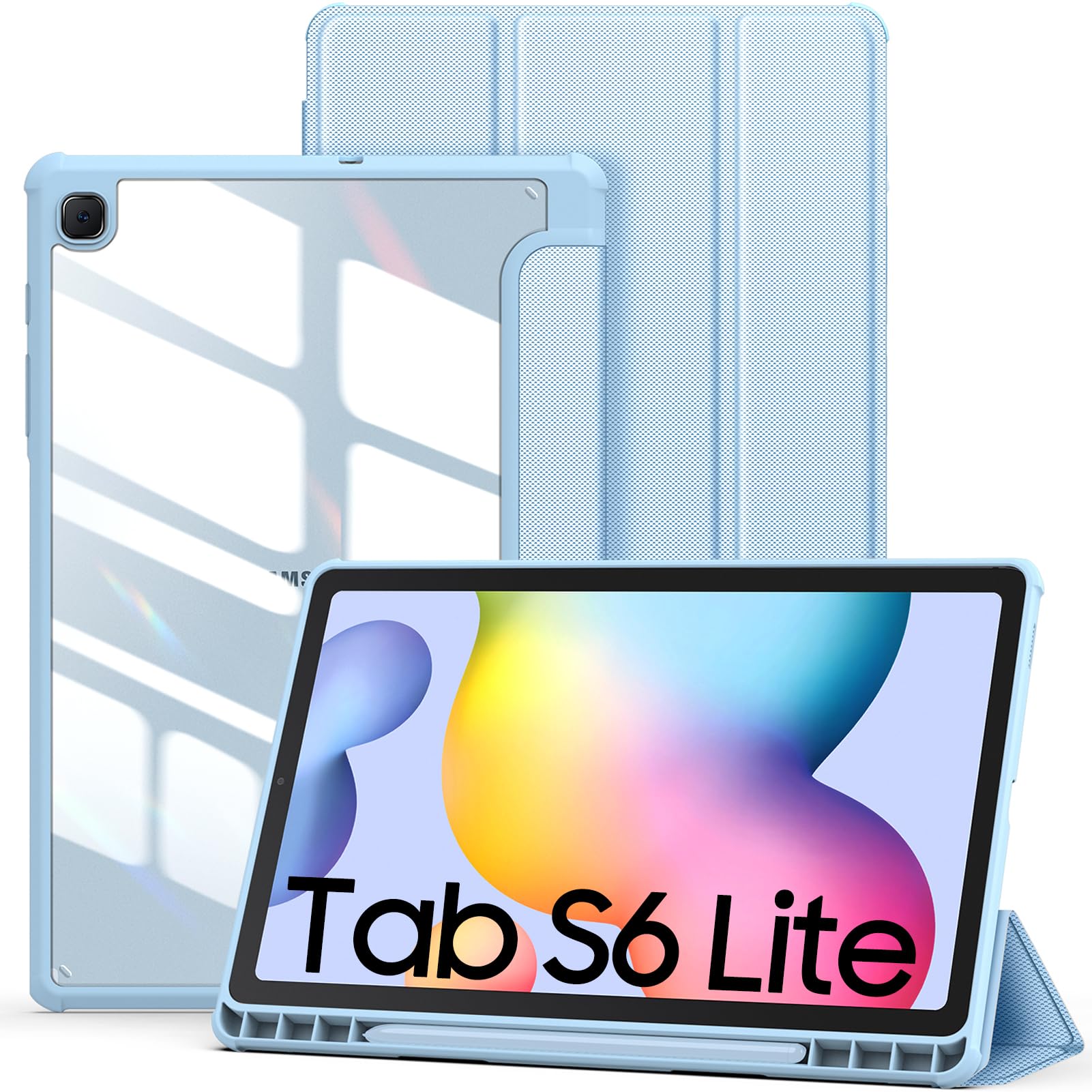 DUZZONA Slim Case for Samsung Galaxy Tab S6 Lite 10.4 Inch 2024/2022/2020 (SM-P620/P625/P610/P615/P613/P619), Clear Transparent Back Cover with S Pen Holder, Light Blue