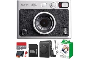 Fujifilm Instax Mini EVO Hybrid Instant Camera (Black) Bundle with Instax-Mini Twin Pack Instant-Film 20 Sheets + 32GB Memory Card + Vintage Black Mini-Evo Camera Case + Cleaning Cloth