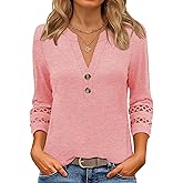 ANRABESS Womens 3/4 Length Lace Sleeve Tops Henley V Neck Shirts Dressy Casual Business Blouses 2026 Spring T-Shirts Outfits