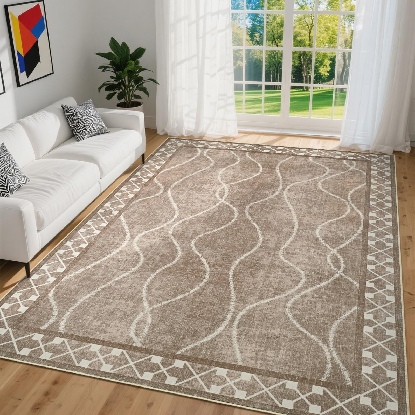 Photo 1 of DweIke Modern 4x6 Area Rugs for Living Room Bedroom, Machine Washable Non-Slip Rubber Backing Bordered Rug, Stain Resistant Low Pile Indoor Floor Throw Carpet for Dining Room Home Decor, Brown