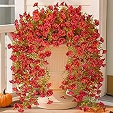 Fake Fall Hanging Flowers Artificial for Outdoor Decoration, 2 PCS Autumn Silk Faux Flowers Morning Glory with Eucalyptus Leaves, Realistic Hanging Plants for Wedding Home Office Garden Decor, Red