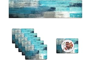 Mcalk Farmhouse Turquoise Table Runner and Placemats Set of 6,Teal Turquoise Placemats Modern Art,Blue Grey Abstract Art Cloth Place Mats Indoor for Kitchen,Washable Linen Material for Dining Table